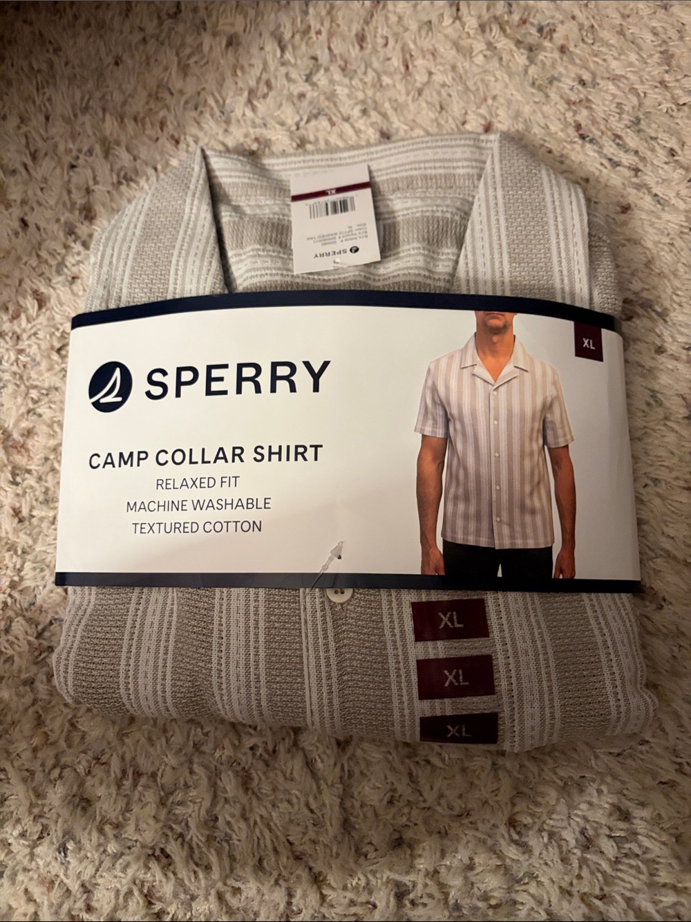 Sperry Neutral Stripe Camp Collar Shirt - Cream and Tan